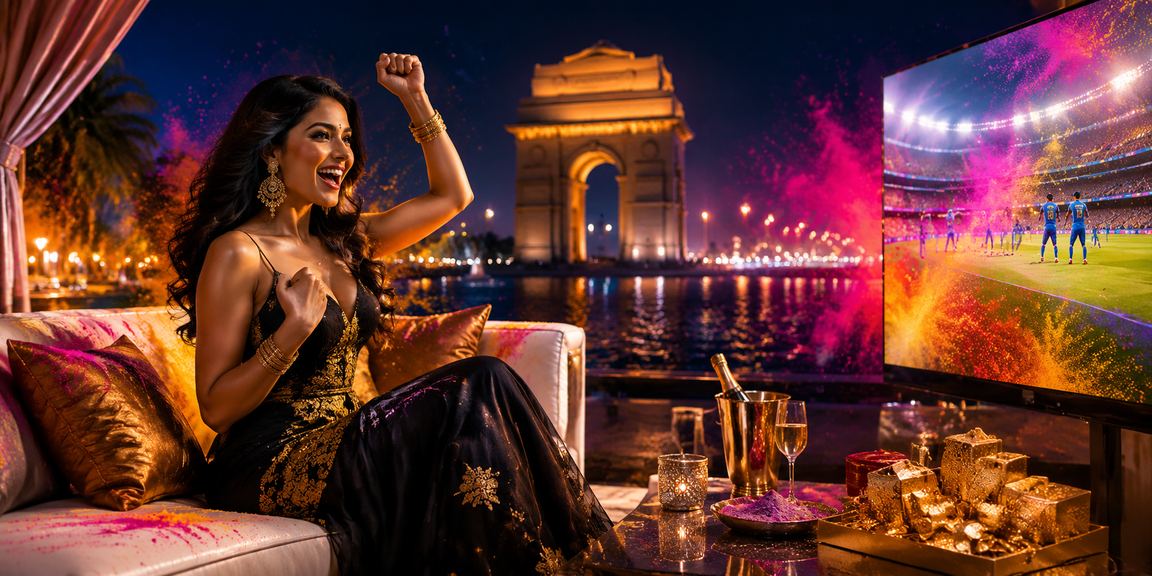 Delhi India Gate with vibrant Holi celebrations and online betting theme